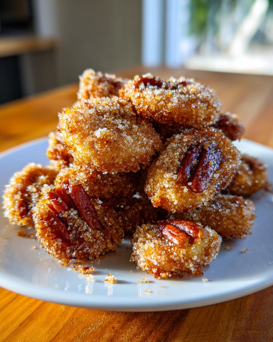 A close-up of a pile of freshly made cinnamon sugar pecans coated in sparkling sugar crystals on a white plate.