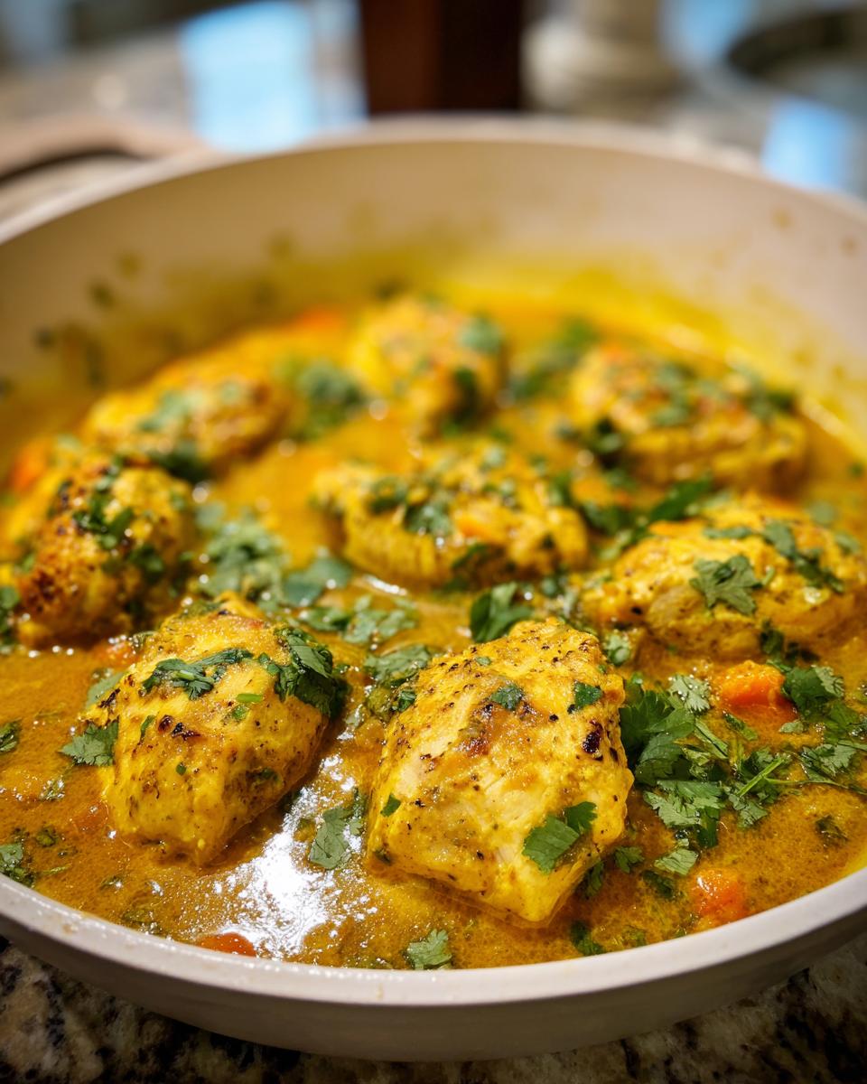 Close-up of several pieces of golden coconut chicken simmering in a rich, yellow curry sauce, garnished with fresh cilantro.