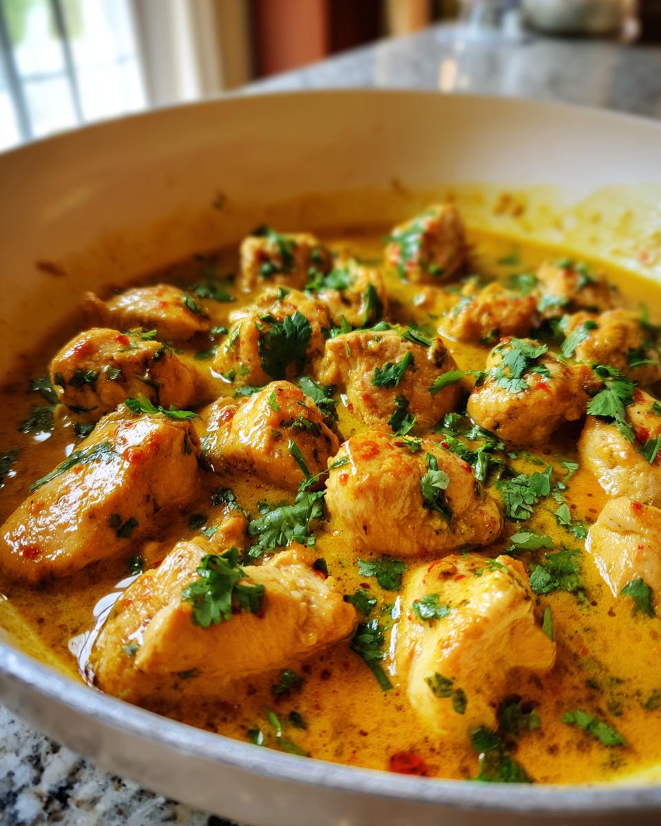 Close-up of tender chunks of coconut chicken simmering in a rich, yellow, creamy sauce and garnished with fresh cilantro.
