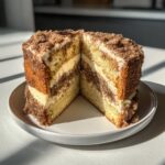 A square slice of layered coffee cake, cut in half to show the vanilla cake, cream filling, and thick cinnamon crumb topping.