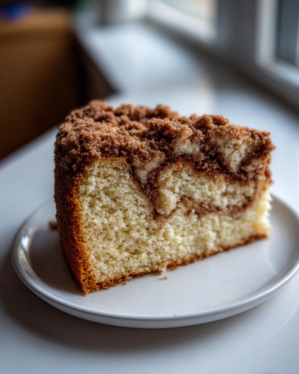 A close-up of a moist slice of coffee cake featuring a cinnamon swirl and thick streusel topping.