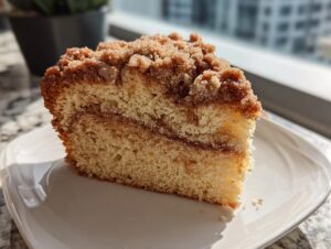 A close-up of a moist slice of coffee cake featuring a thick cinnamon swirl and generous brown sugar crumb topping.