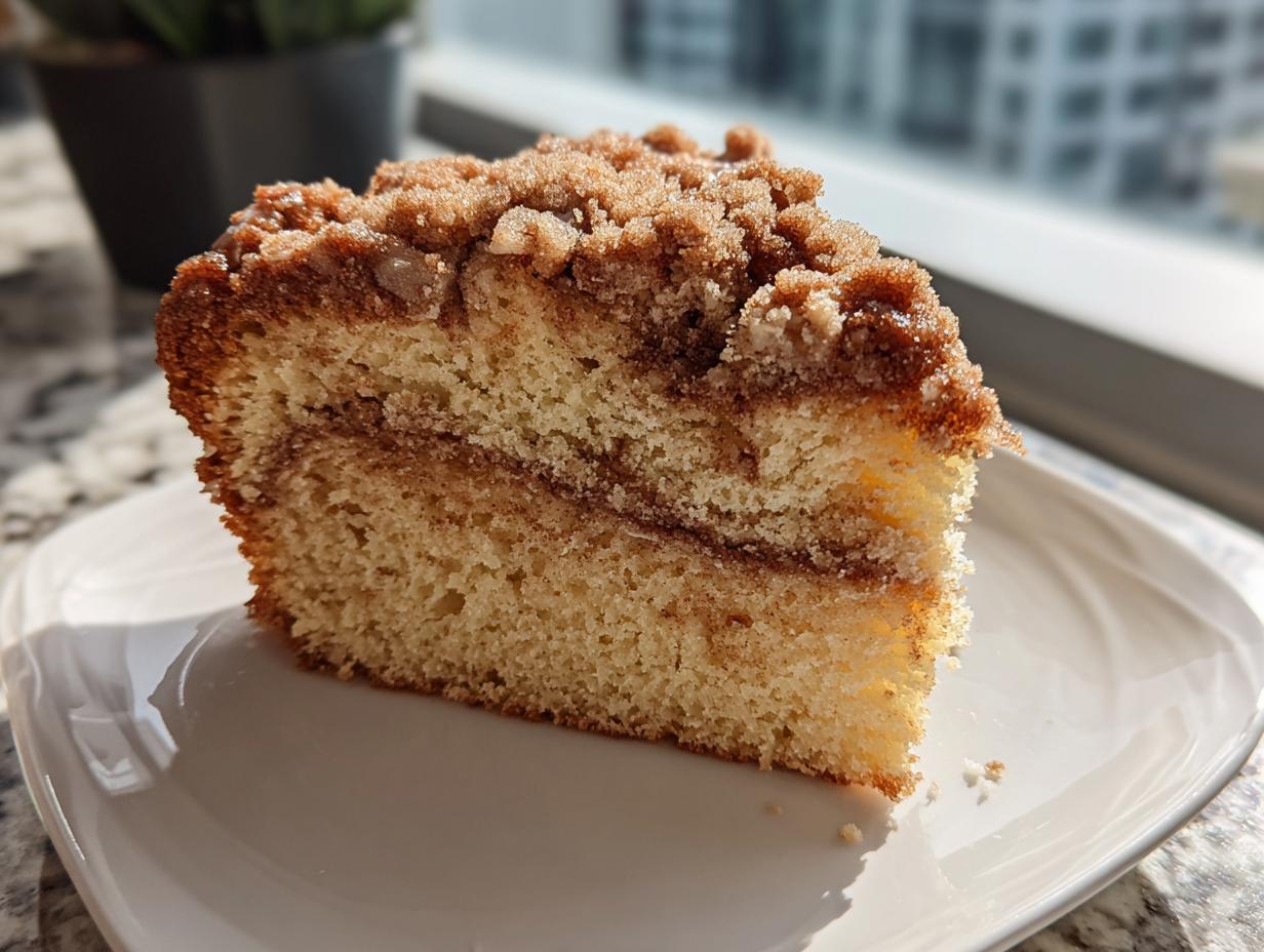 A close-up of a moist slice of coffee cake featuring a thick cinnamon swirl and generous brown sugar crumb topping.
