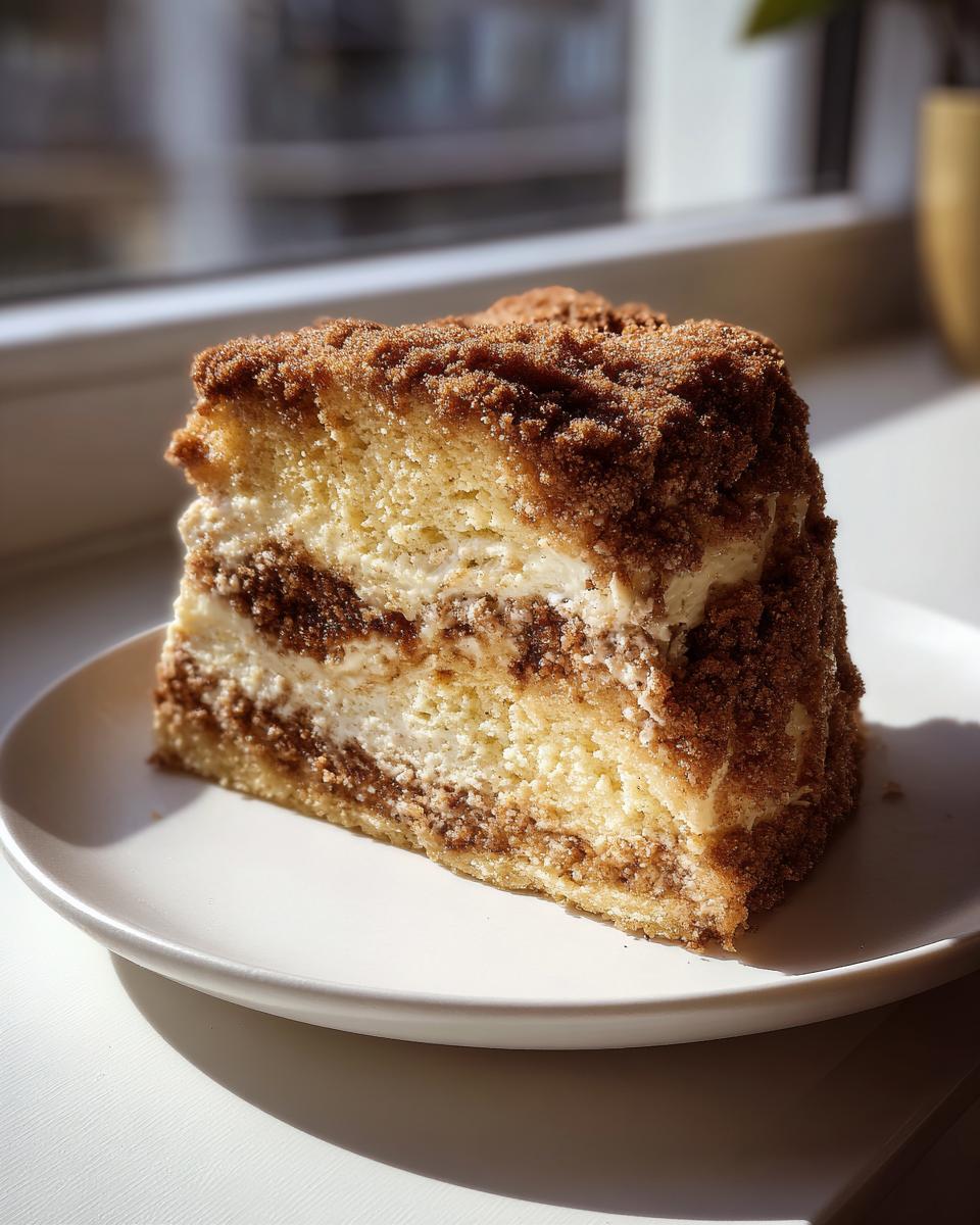 A tall, layered slice of amazing coffee cake with a thick cinnamon streusel topping and cream cheese swirl.