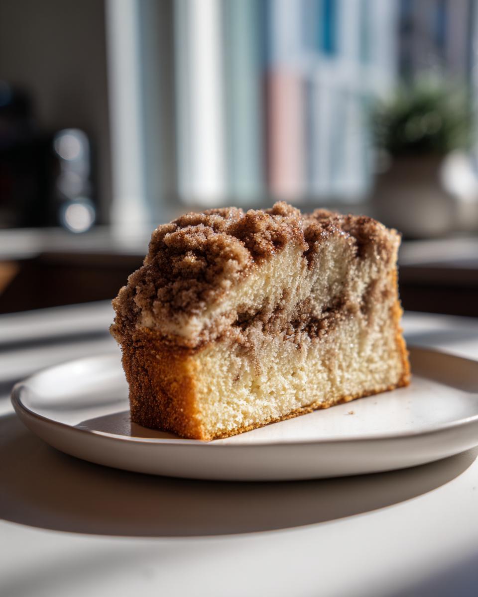 A close-up shot of a moist slice of coffee cake with a thick cinnamon streusel topping on a white plate.