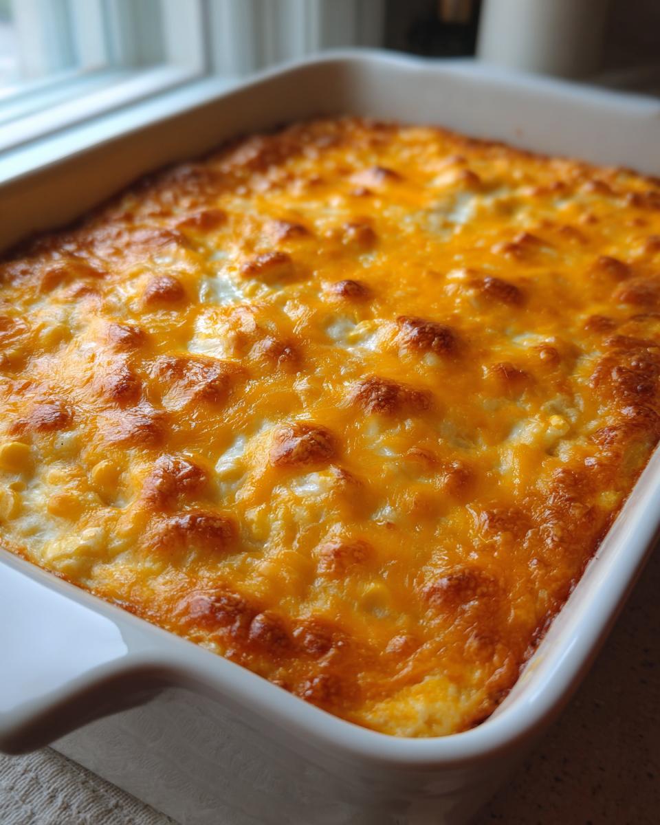 Close-up of a hot, bubbly, baked corn dip topped with melted, golden-brown cheddar cheese in a white baking dish.