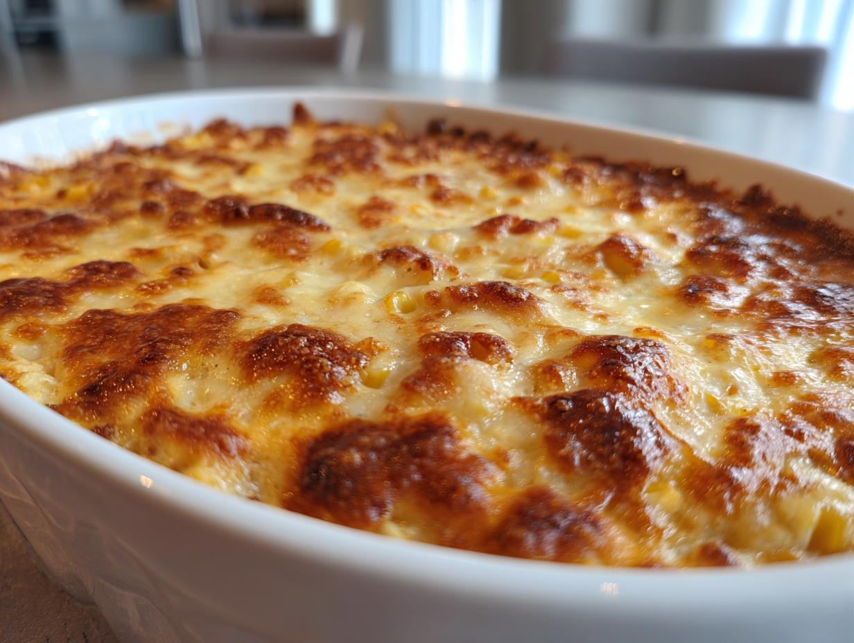 Close-up of a hot, baked corn dip in a white dish, featuring a bubbly, golden-brown, cheesy crust.