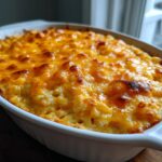 Close-up of a baked corn dip with a thick, bubbly, melted cheddar cheese topping, ready to serve.