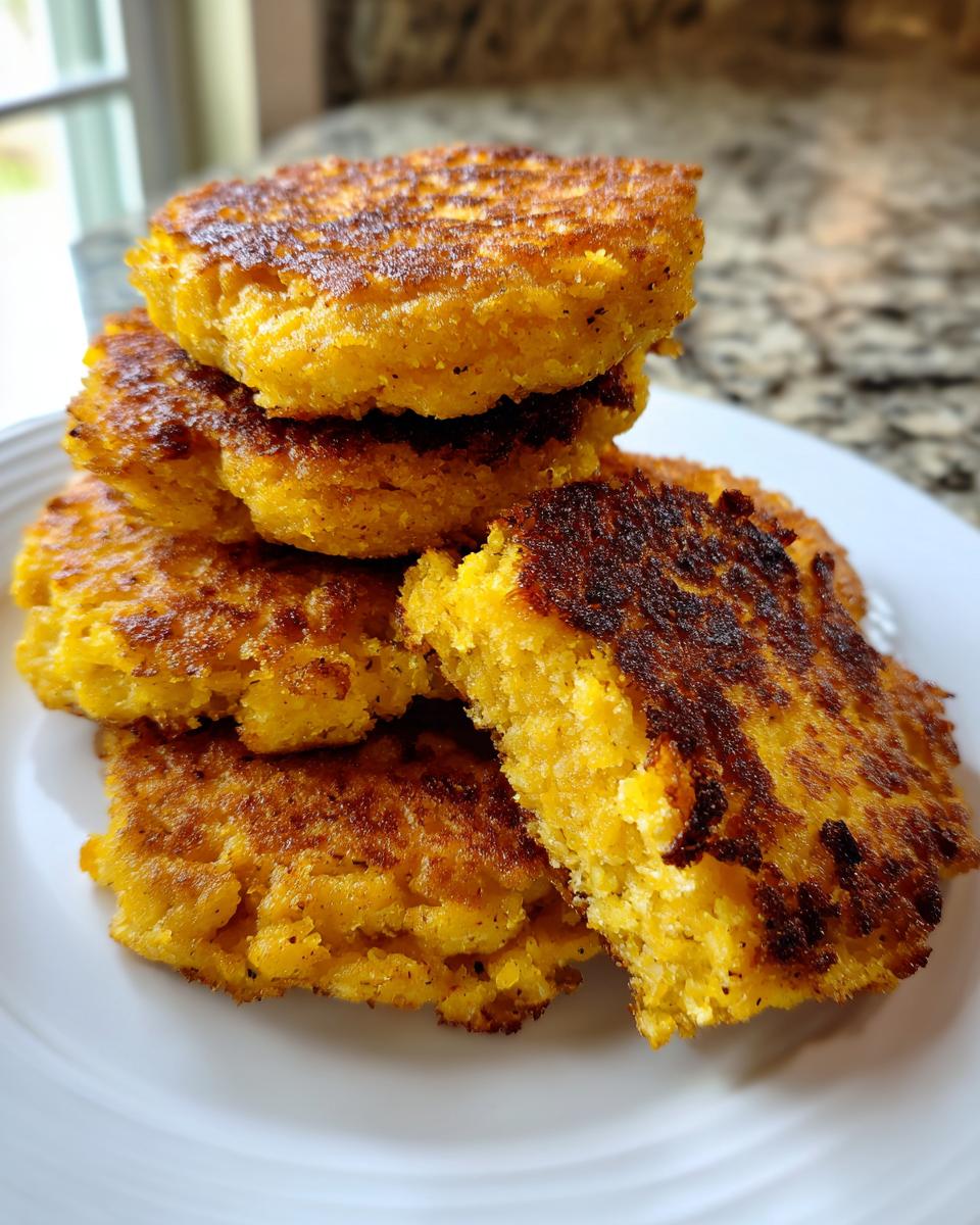 A stack of golden brown, perfectly seared fried cornbread patties piled high on a white plate.