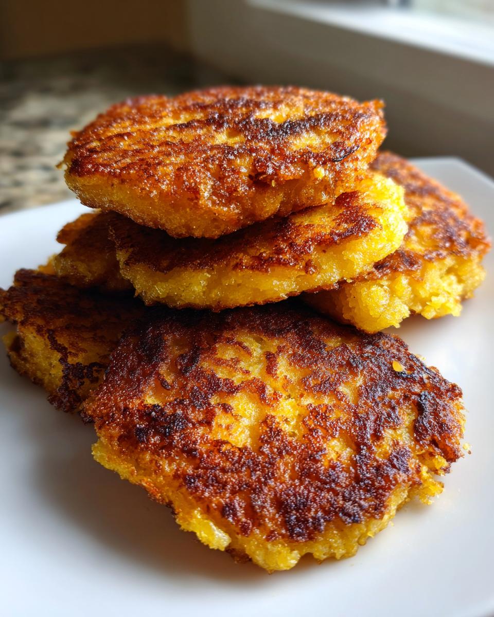 A stack of golden brown, perfectly crisped fried cornbread patties served on a white plate.