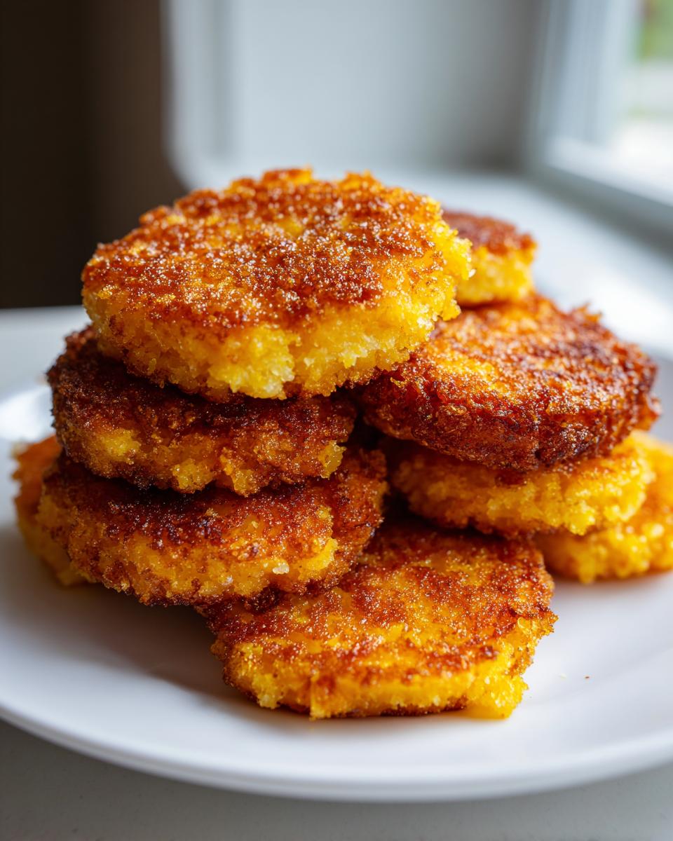 A close-up stack of golden brown, perfectly crisped fried cornbread patties on a white plate.