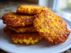 A stack of golden brown, crispy fried cornbread patties served on a white plate.