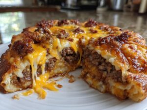 Close-up of a slice of amazing garbage bread showing melted cheese strings and a rich ground meat filling.