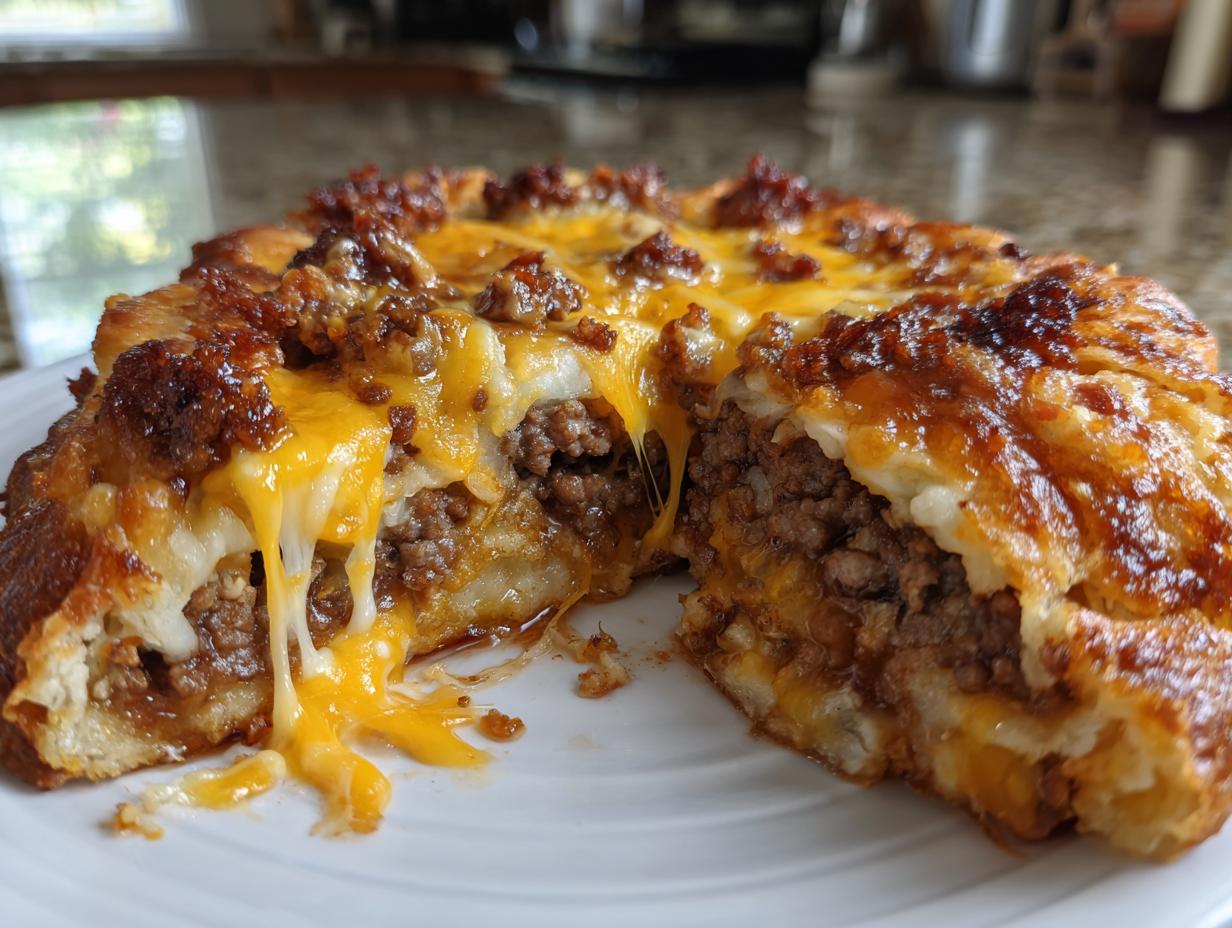 Close-up of a slice of amazing garbage bread showing melted cheese strings and a rich ground meat filling.