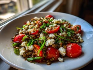 A vibrant bowl of amazing 15-minute lentil salad mixed with bright red cherry tomatoes and crumbled white feta cheese.