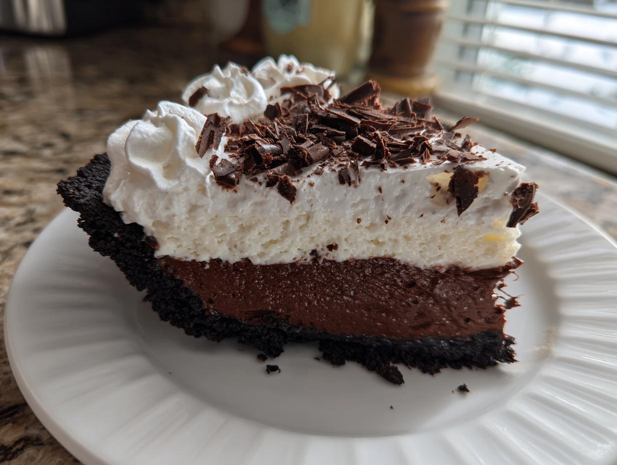 A close-up slice of rich chocolate mud pie with a dark crust, white mousse layer, whipped cream, and chocolate shavings.