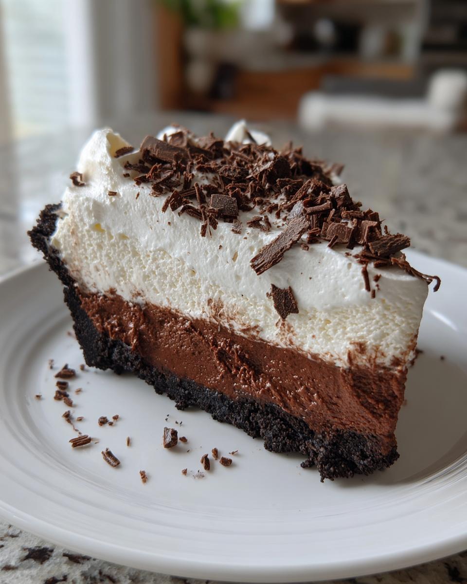 A decadent slice of layered mud pie featuring a dark crust, rich chocolate filling, white topping, and chocolate shavings.