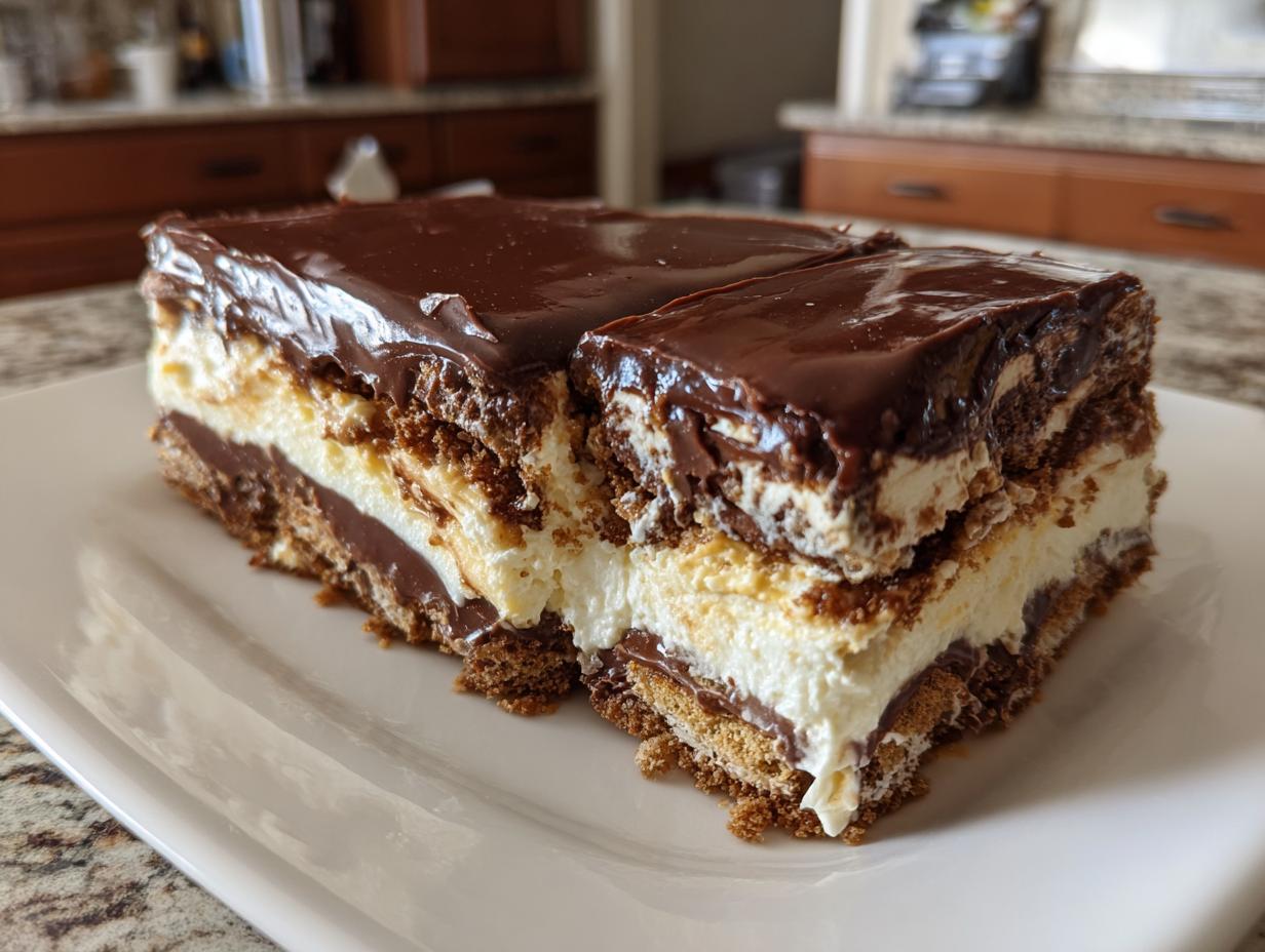 Two generous slices of no-bake eclair cake featuring layers of graham crackers, cream filling, and chocolate glaze.