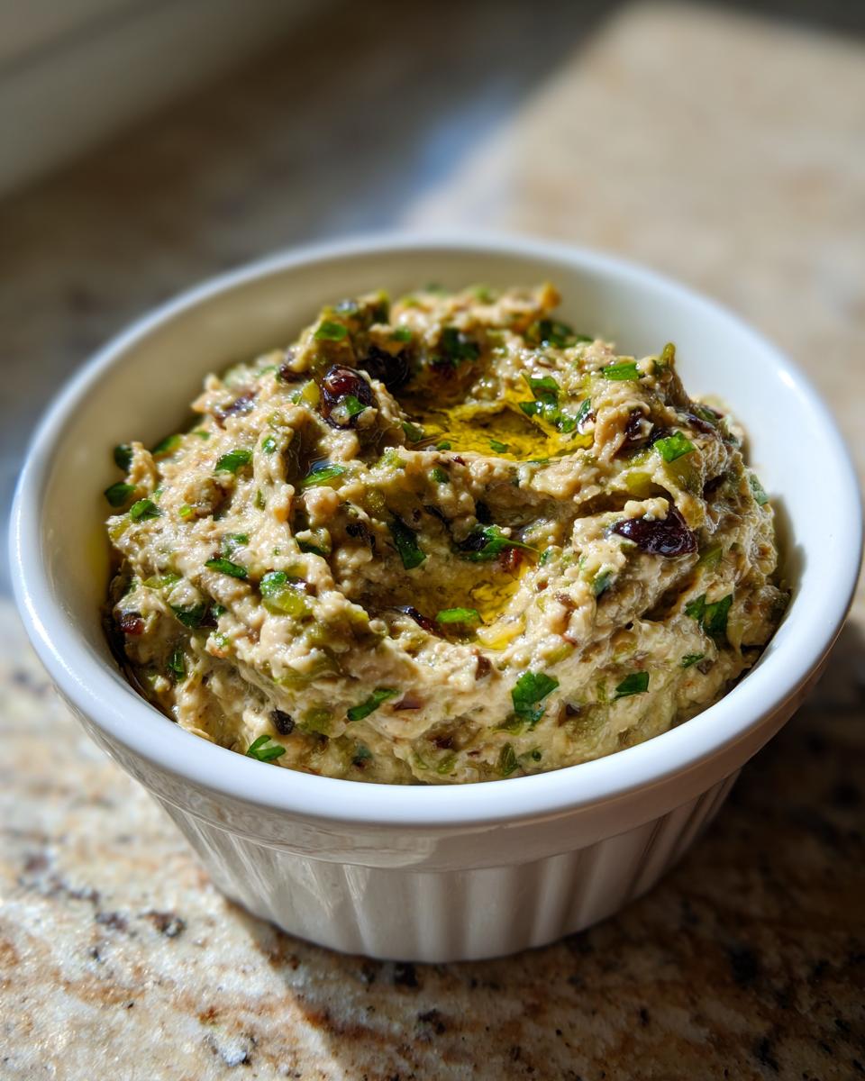 A close-up of a creamy, textured olive dip topped with fresh herbs and a drizzle of olive oil in a white ramekin.