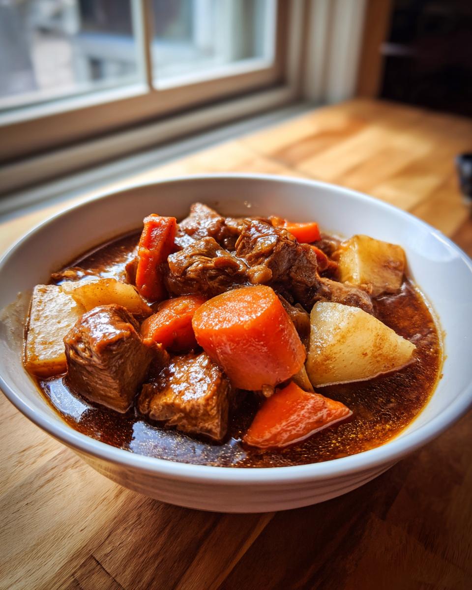 Close-up of a white bowl filled with rich, dark pork stew chunks, bright orange carrots, and potatoes.