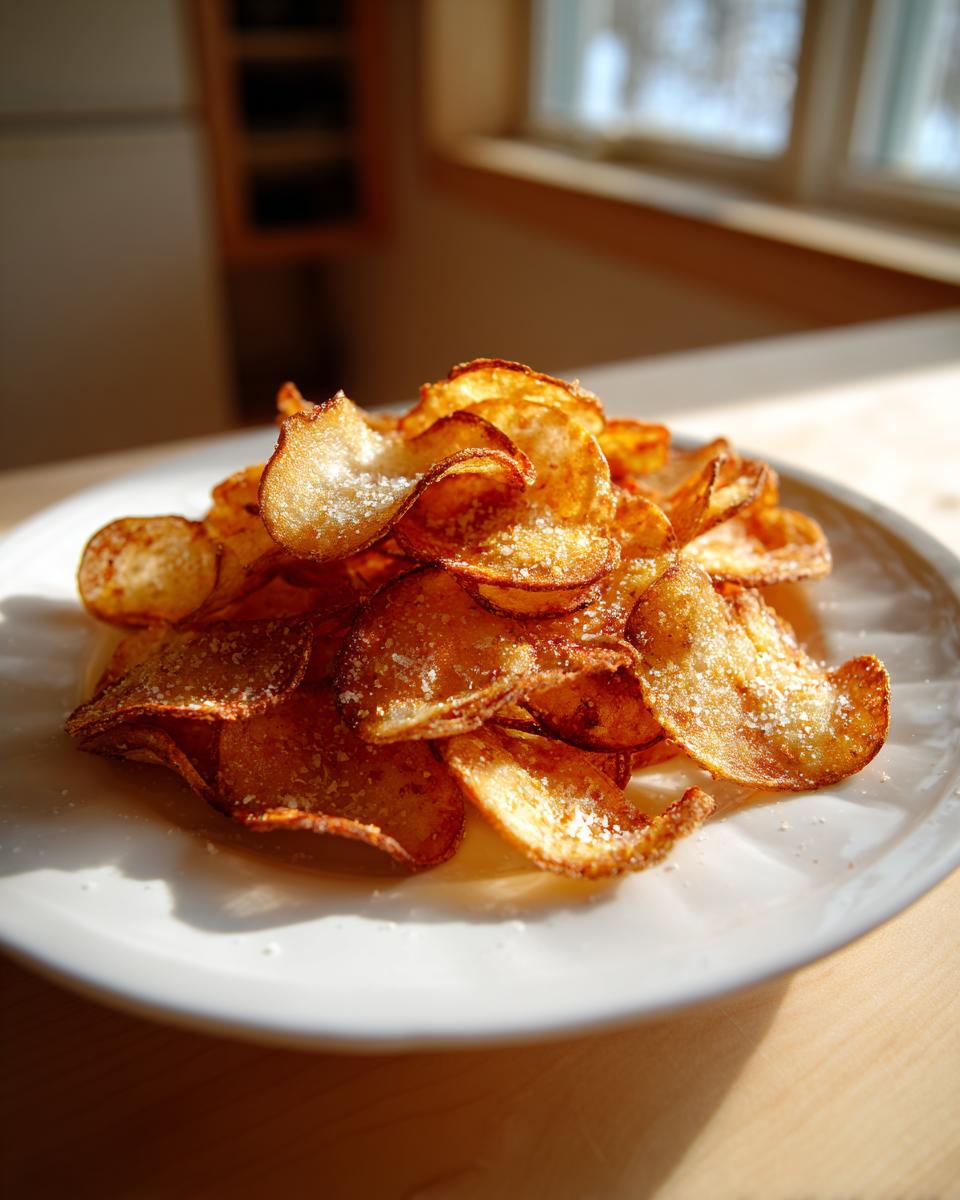 A pile of golden, crispy homemade potato chips dusted with seasoning, served on a white plate.