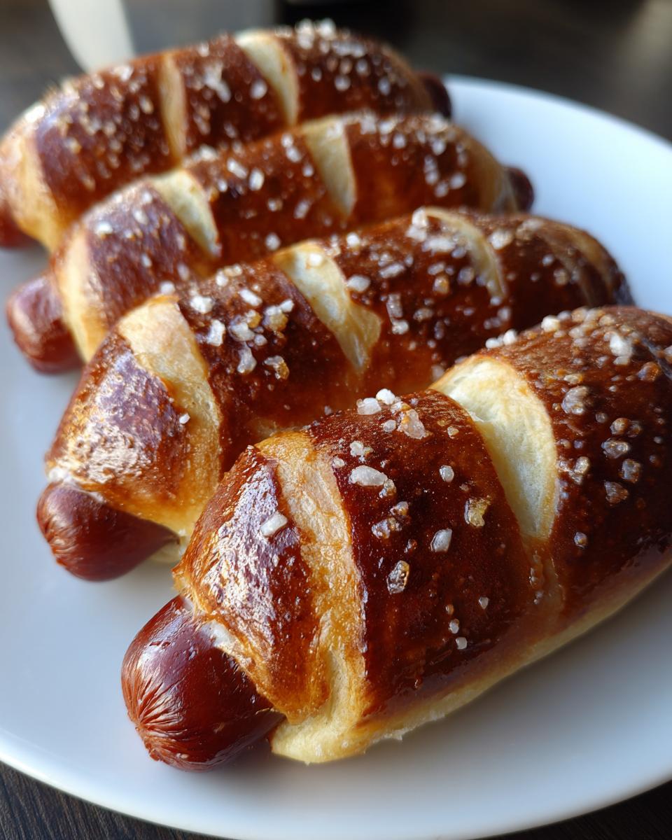 Four homemade pretzel dogs, wrapped in shiny, dark brown pretzel dough and topped with coarse salt, arranged on a white plate.