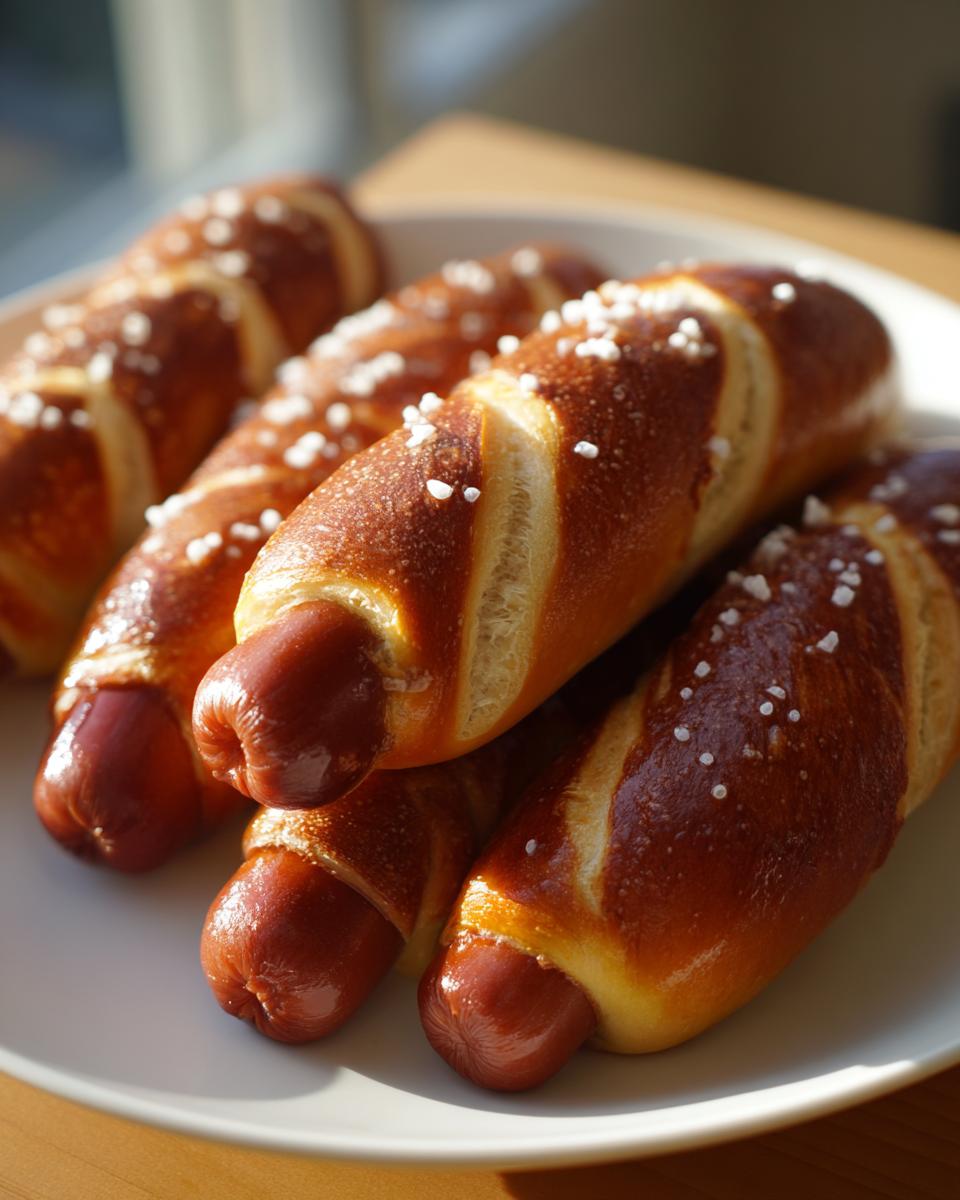 A close-up of several freshly baked pretzel dogs stacked on a white plate, showing shiny brown dough and coarse salt.