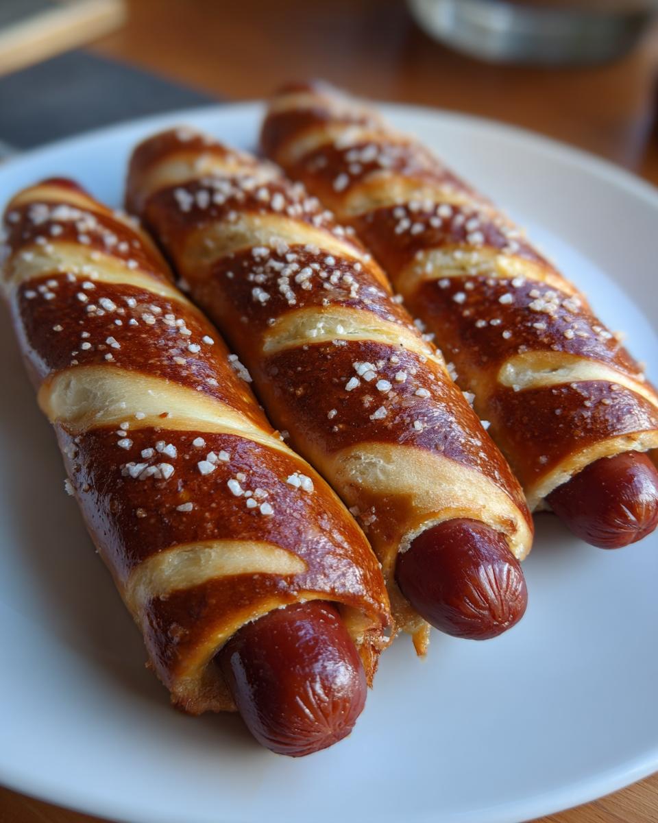 Three freshly baked pretzel dogs, wrapped in golden-brown pretzel dough and topped with coarse salt, ready to eat.