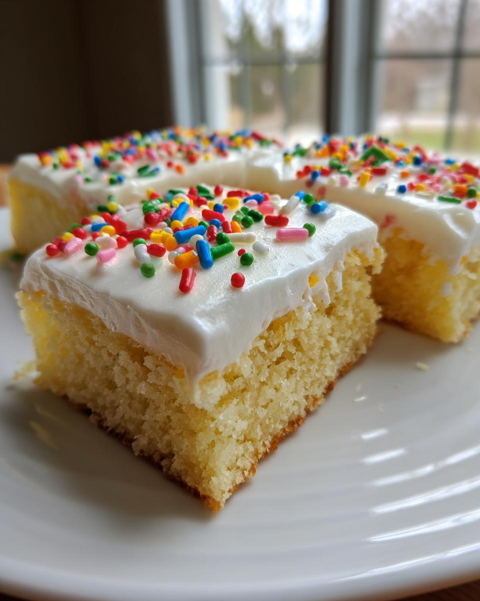 Close-up of a square slice of soft, yellow sugar cookie bars topped with thick white frosting and colorful sprinkles.