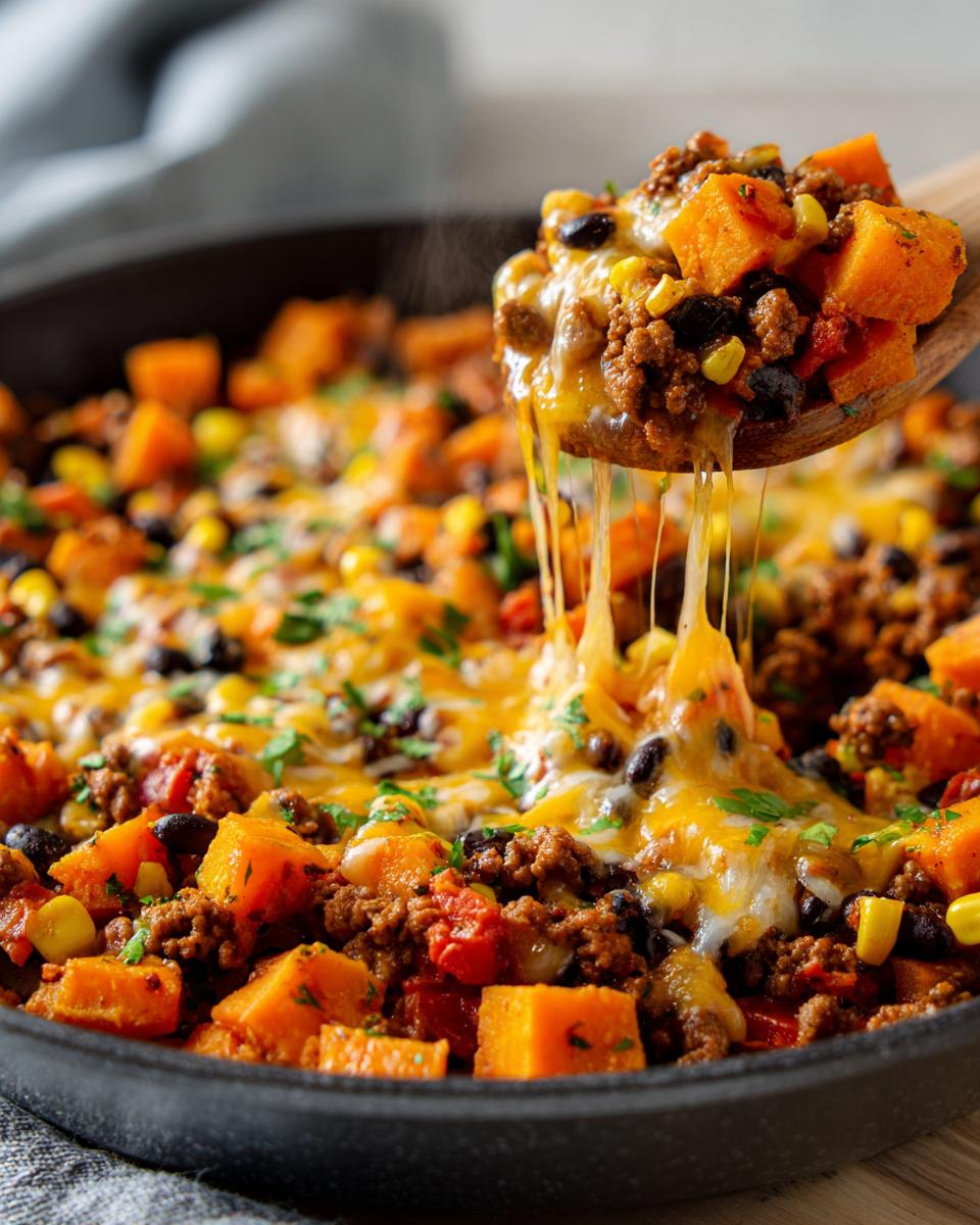 A wooden spoon lifting a cheesy, steaming scoop from a sweet potato skillet filled with ground meat, corn, and black beans.