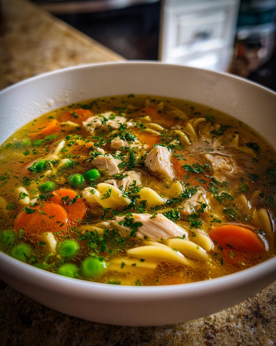 Close-up of a white bowl filled with steaming turkey soup, featuring shredded turkey, carrots, peas, egg noodles, and fresh parsley.