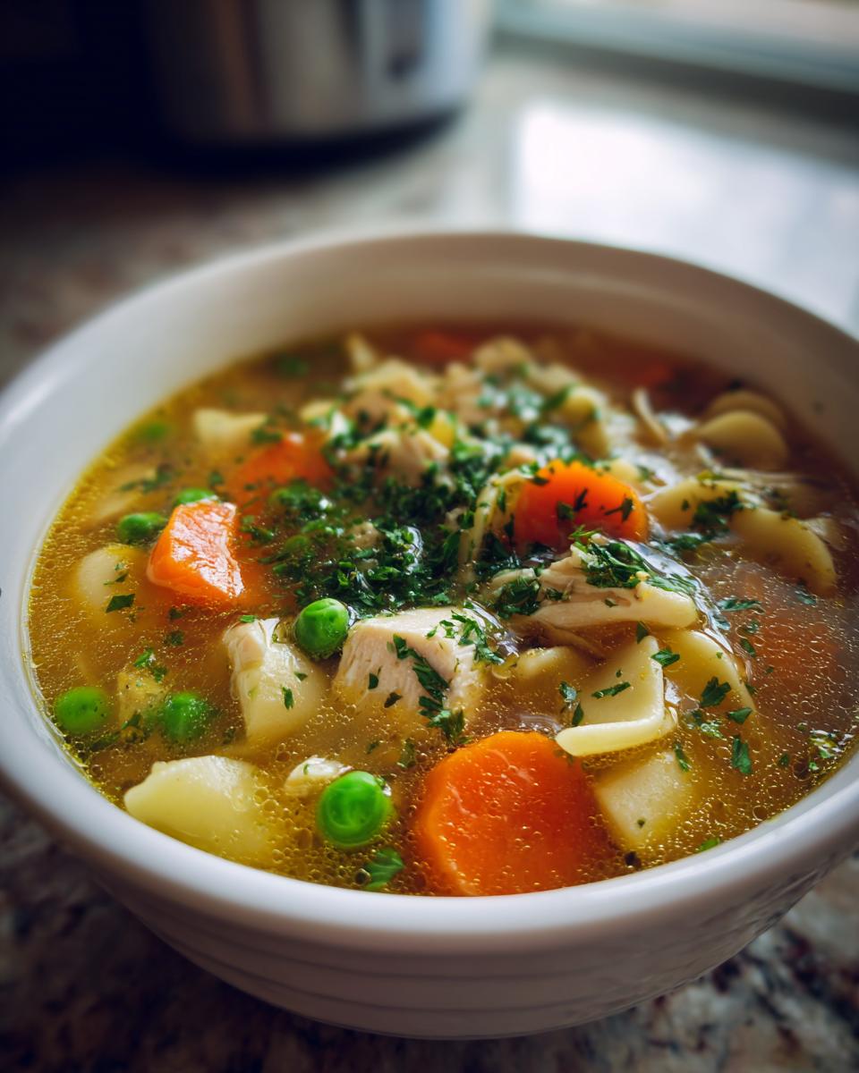 Close-up of a white bowl filled with rich, golden turkey soup featuring chunks of turkey, carrots, peas, potatoes, and noodles, garnished with parsley.