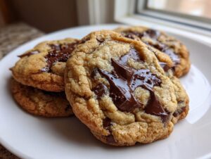 A close-up of several gooey, thick vegan chocolate chip cookies stacked on a white plate with melted chocolate.