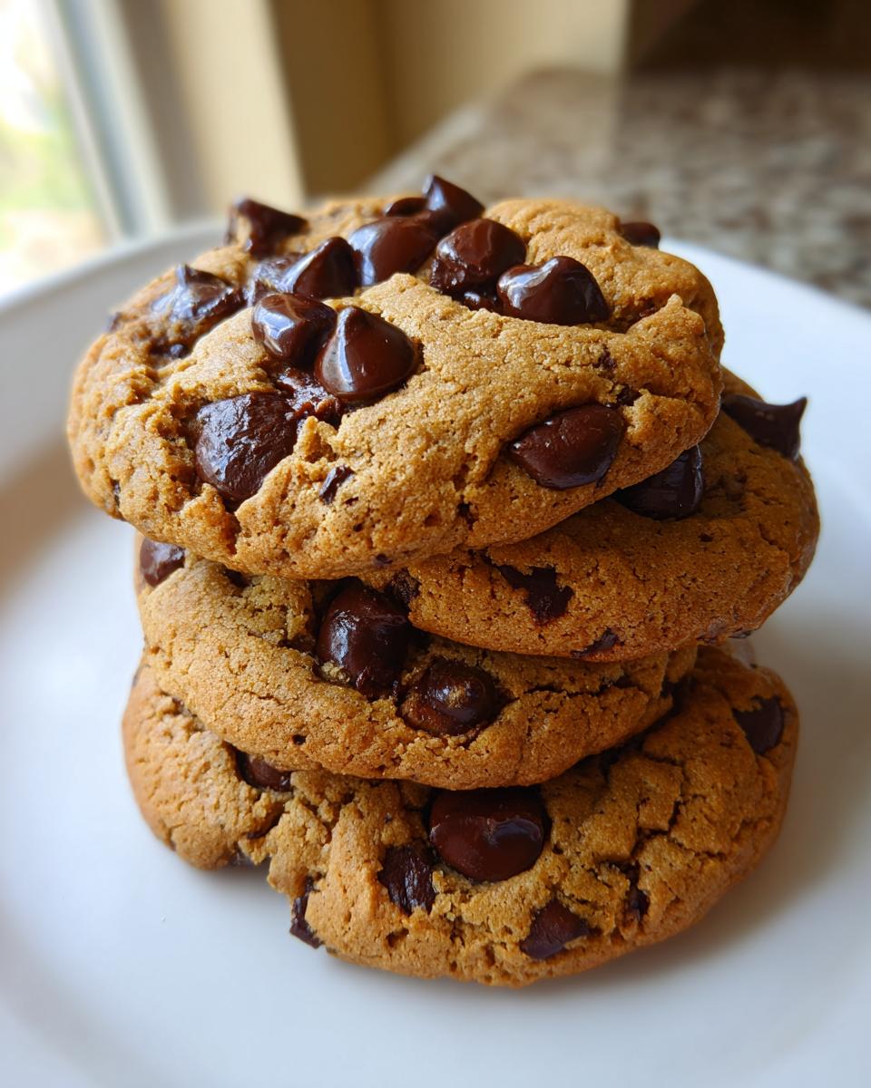 A stack of three perfectly baked vegan chocolate chip cookies loaded with melted chocolate chips.