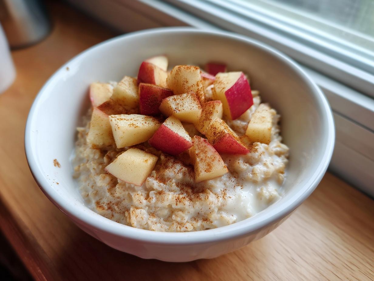 A white bowl filled with creamy apple cinnamon oatmeal, topped with diced red apples and a dusting of cinnamon.