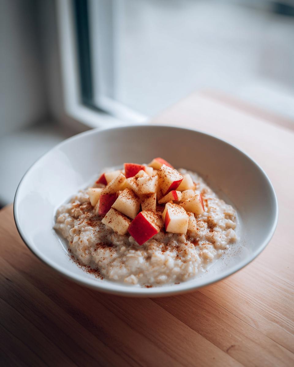 A white bowl filled with creamy apple cinnamon oatmeal, topped with fresh diced red apples and a sprinkle of cinnamon.