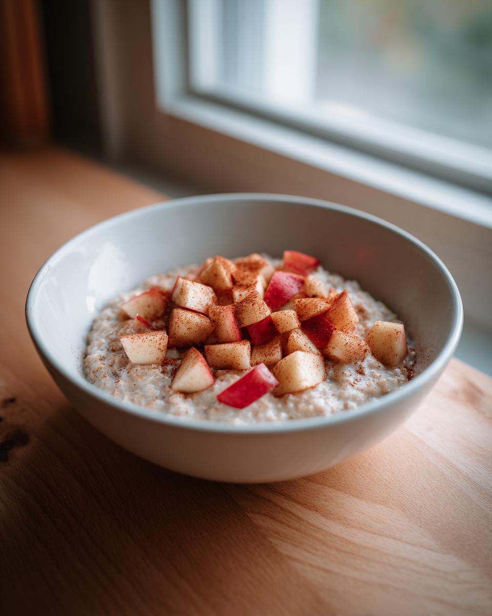 A close-up of a bowl of creamy apple cinnamon oatmeal topped with diced red apples and sprinkled cinnamon.