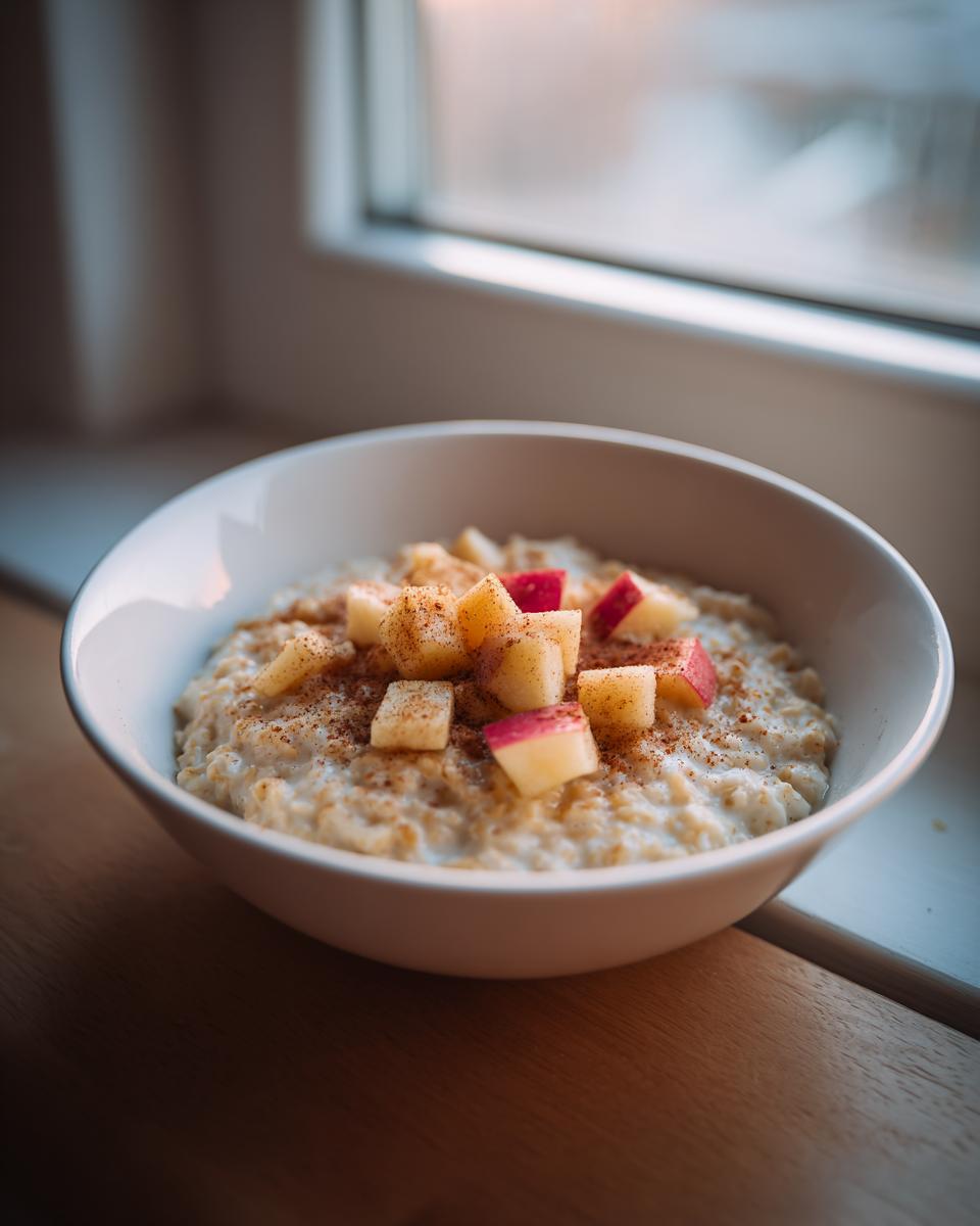 A close-up of a white bowl filled with creamy apple cinnamon oatmeal, topped with diced red-skinned apples and cinnamon.
