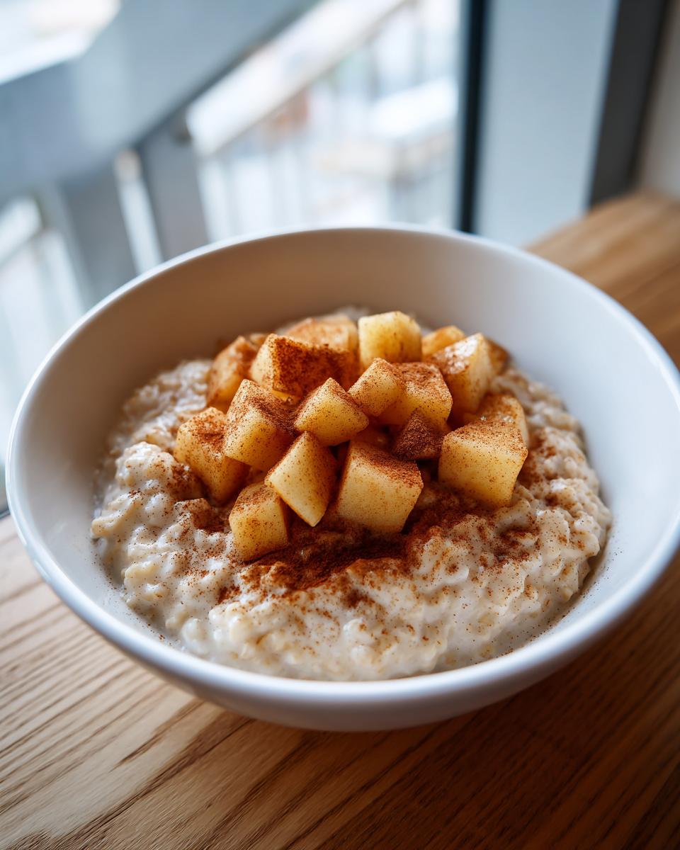 A white bowl filled with creamy apple cinnamon oatmeal, topped with diced apples and a generous sprinkle of cinnamon.