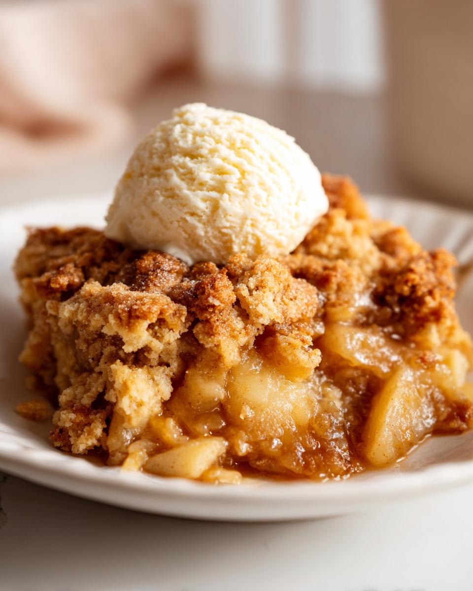 Close-up of a warm slice of apple cobbler topped with a scoop of vanilla ice cream.