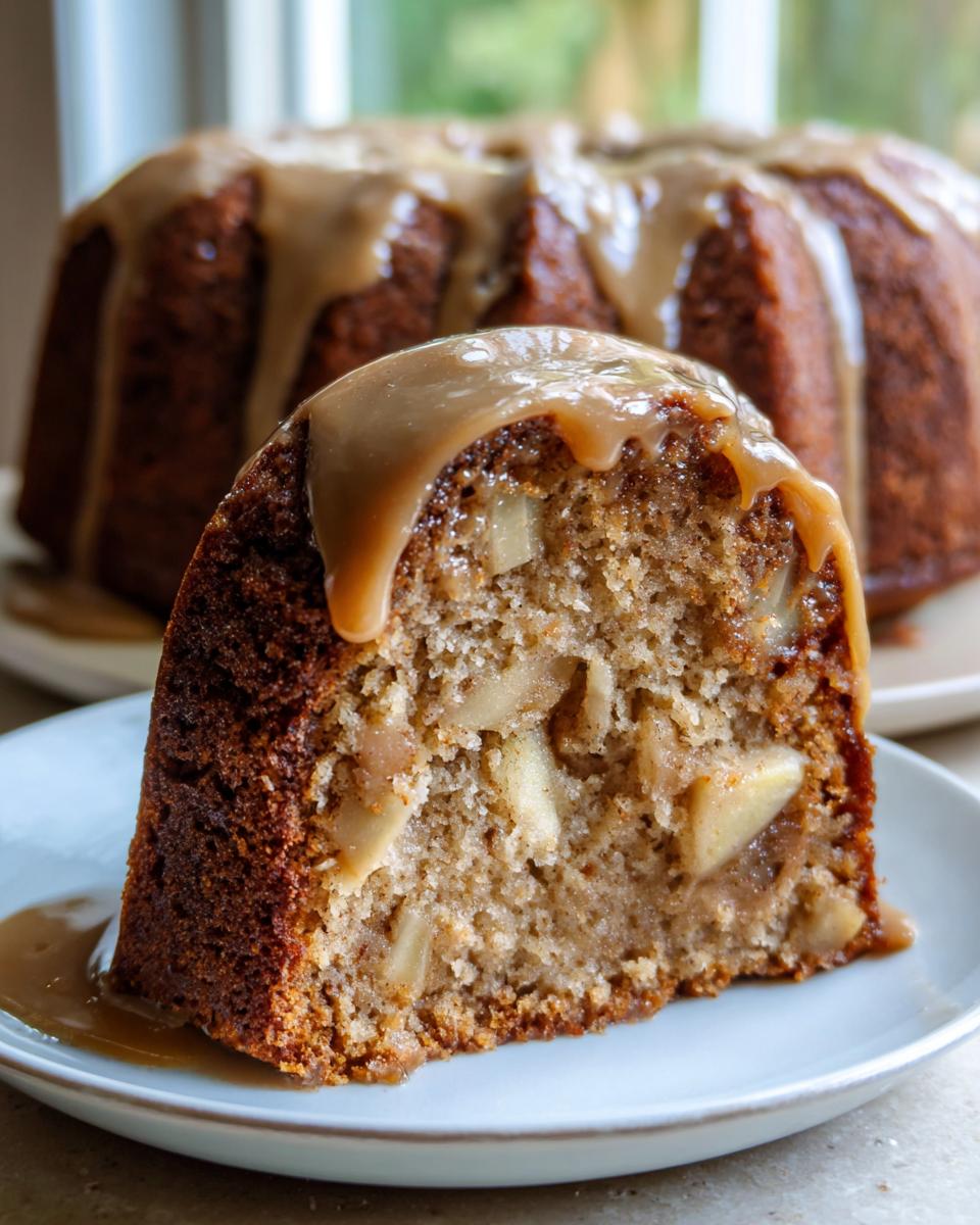 A close-up slice of moist apple dapple cake filled with chunks of apple and topped with a thick caramel drizzle.