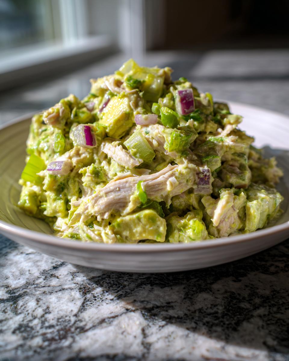 Close-up of a bowl piled high with creamy avocado chicken salad featuring chunks of avocado, celery, and red onion.