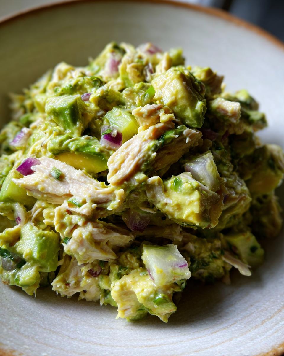 A close-up, vibrant shot of chunky avocado chicken salad featuring shredded chicken, diced avocado, and red onion pieces.