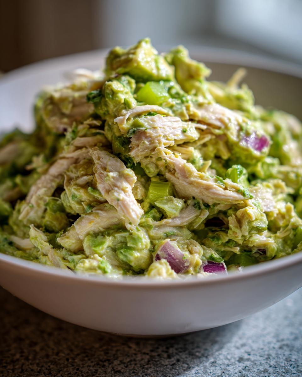 A close-up of creamy avocado chicken salad featuring shredded chicken, chunks of avocado, celery, and red onion in a white bowl.