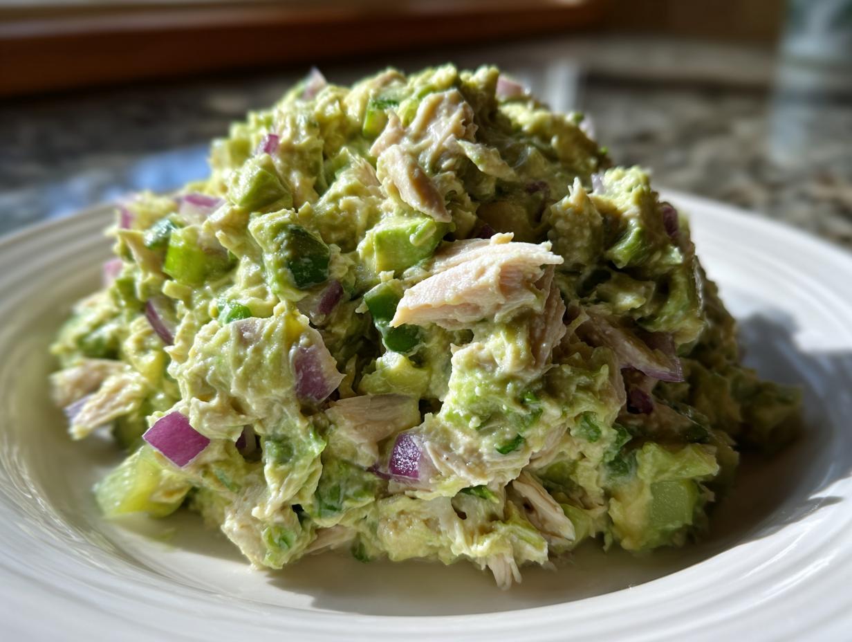 A mound of creamy avocado chicken salad mixed with chunks of avocado, red onion, and shredded chicken, served on a white plate.