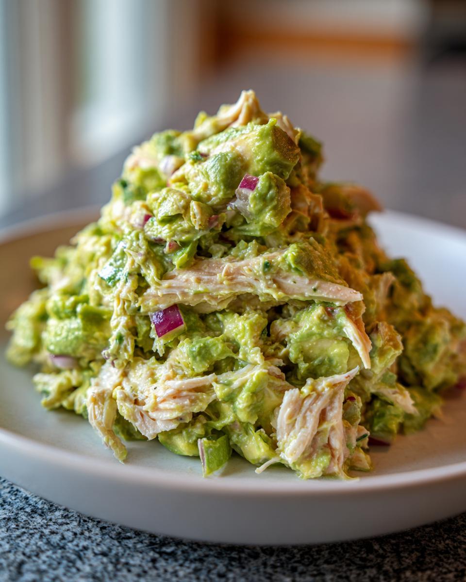 A generous mound of creamy avocado chicken salad mixed with visible chunks of avocado and red onion, served on a light plate.