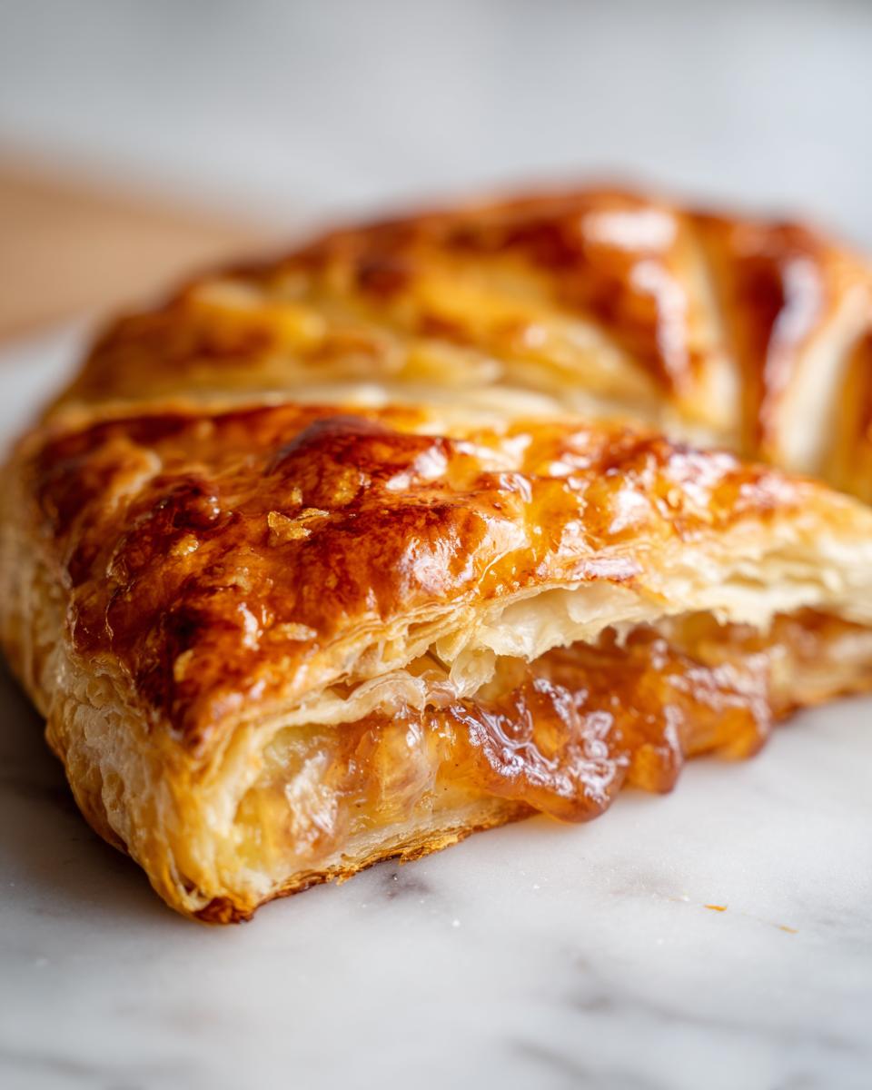 Close-up of a golden, flaky pastry slice revealing melted filling from the baked brie in puff pastry.