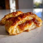 Close-up of a cross-section of baked brie in puff pastry showing melted cheese and fig jam filling.