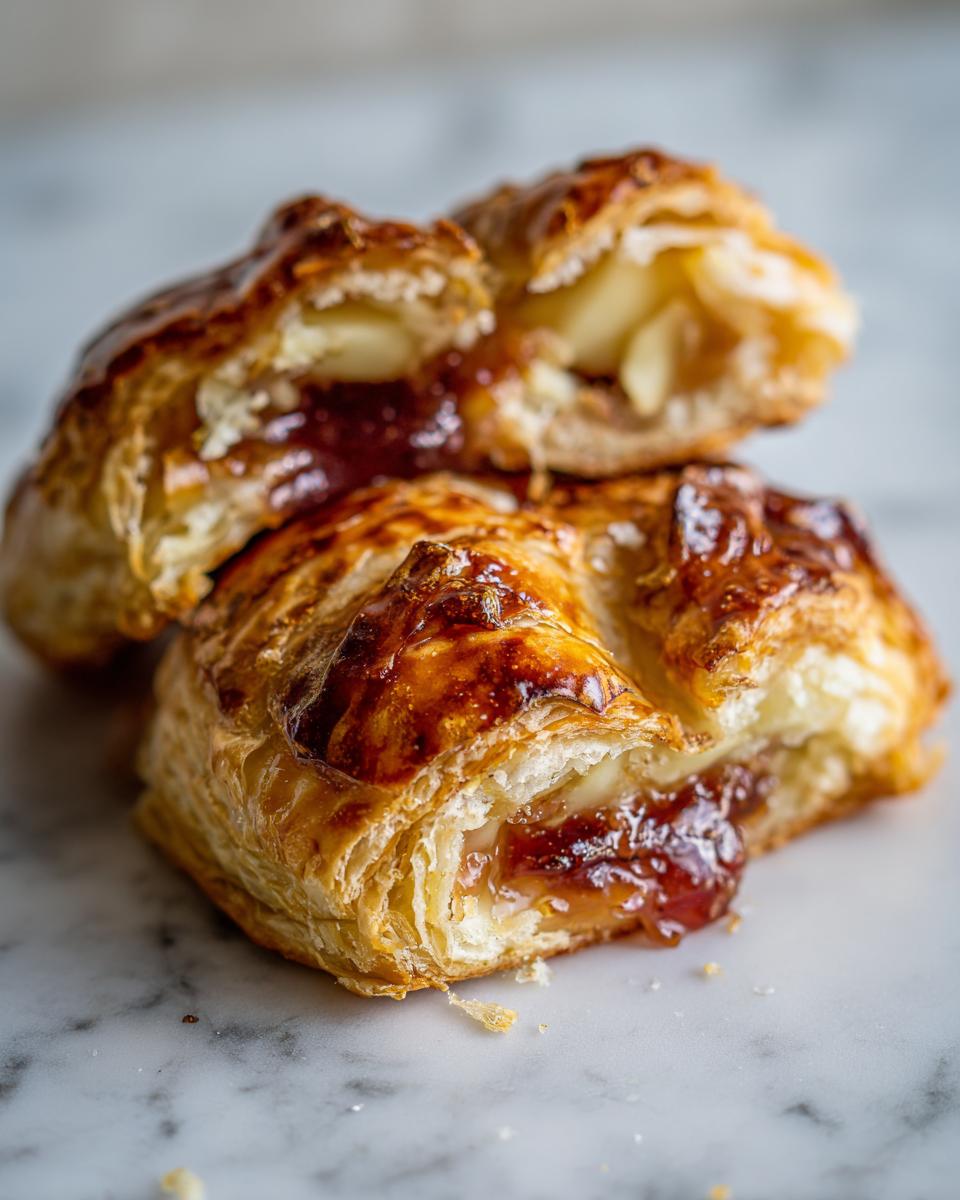 A piece of baked brie in puff pastry, cut in half, showing melted brie and jam filling inside the flaky crust.