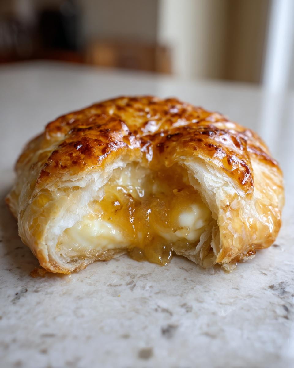 Close-up of a bite taken out of baked brie in puff pastry, showing melted cheese and apricot jam.